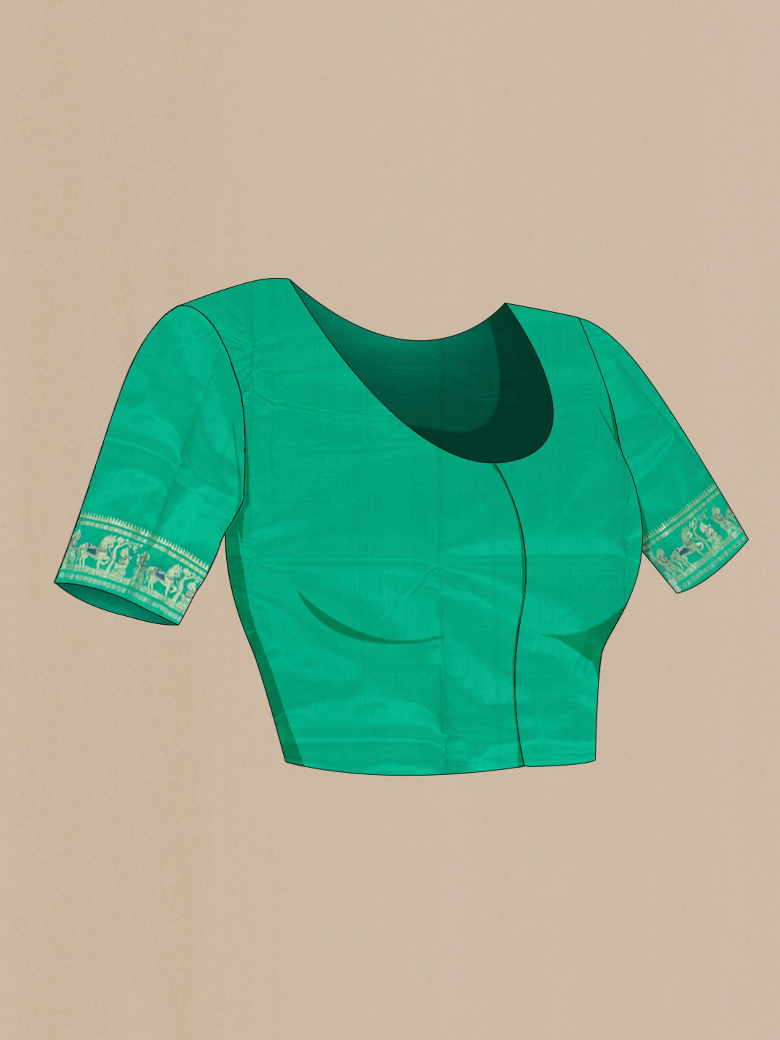 Close up image of the blouse of Sea Green Baluchari Silk Saree with Zari And Thread Butta on the body and Zari Border. 