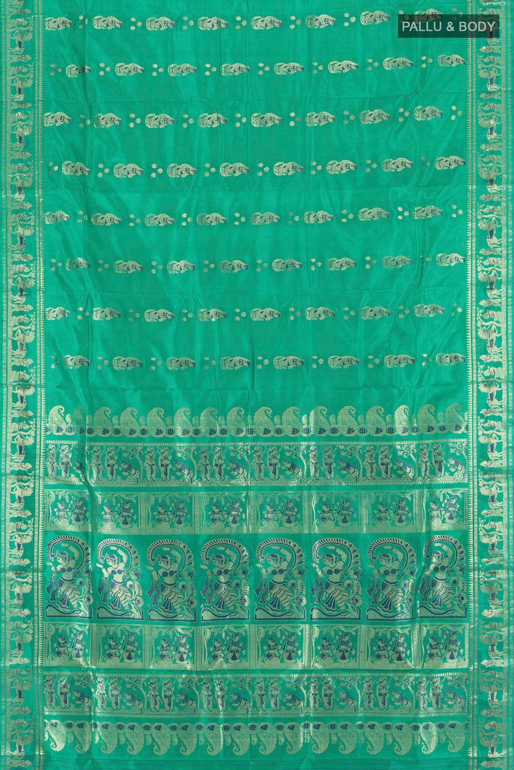 Flat view of Sea Green Baluchari Silk Saree with Zari And Thread Butta on the body and Zari Border. 