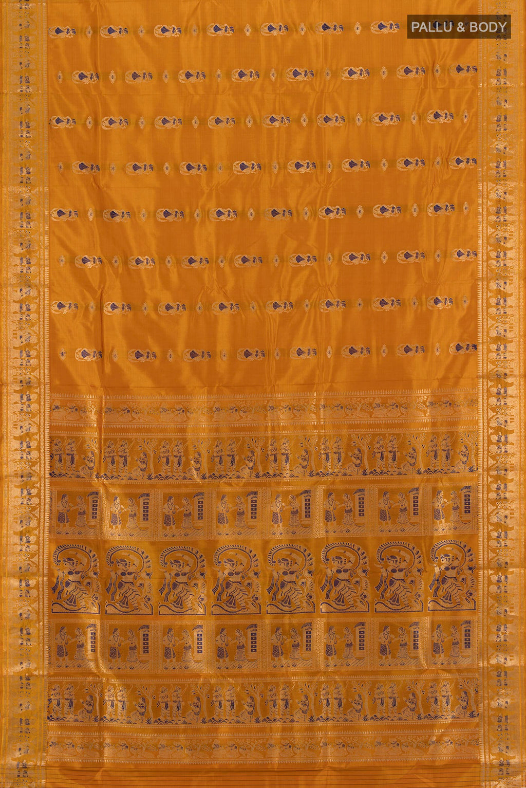 Flat view of Mustard Baluchari Silk Saree with Zari And Thread Butta on the body and Zari Border. 