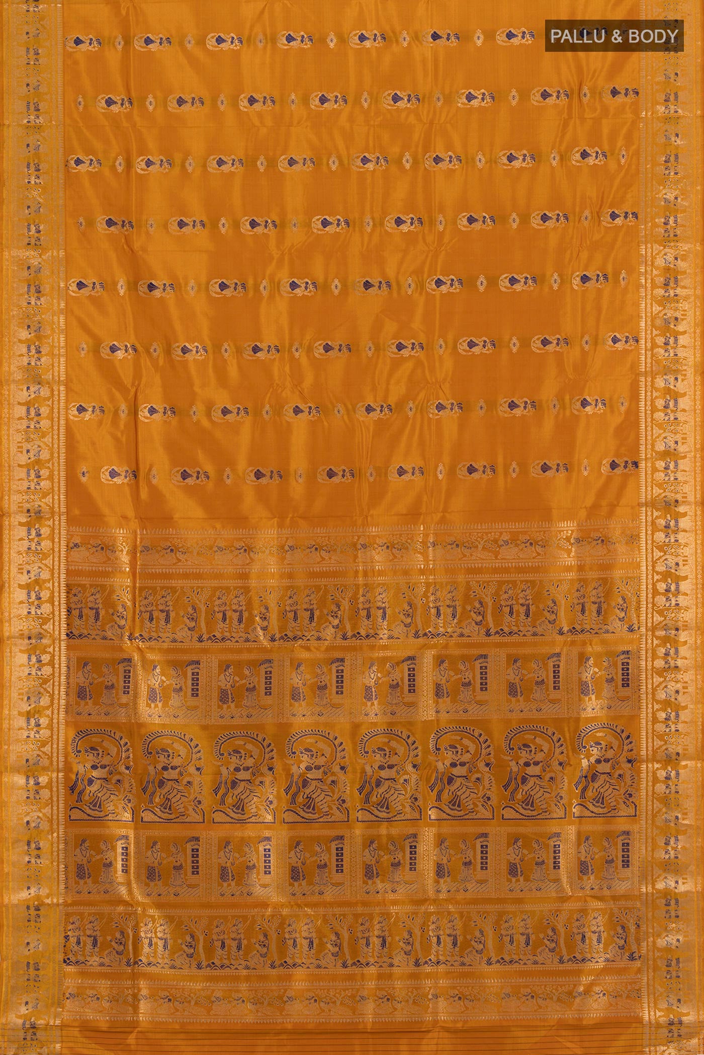 Flat view of Mustard Baluchari Silk Saree with Zari And Thread Butta on the body and Zari Border. 