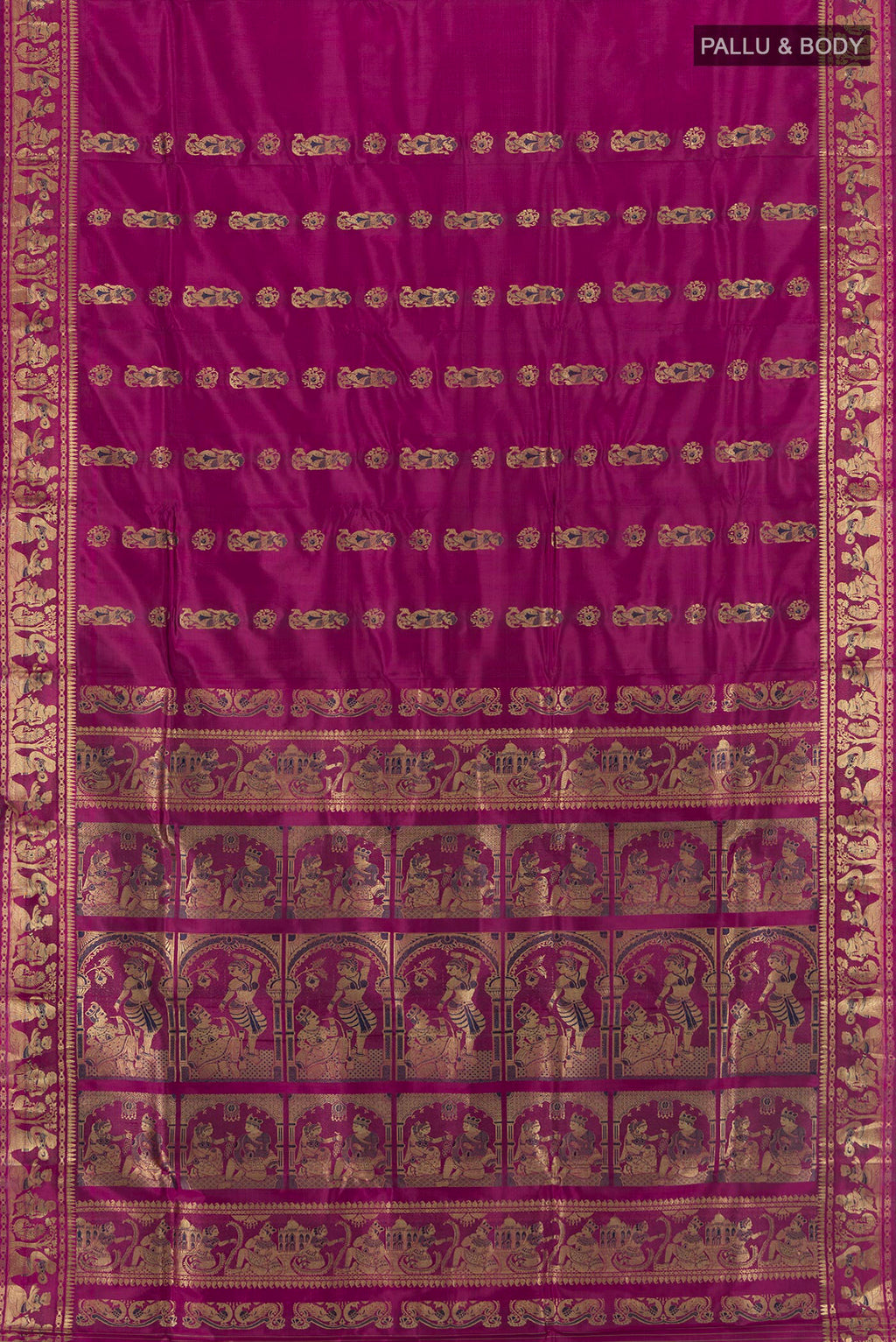 Flat view of Magenta Baluchari Silk Saree with Zari And Thread Butta on the body and Zari Border. 