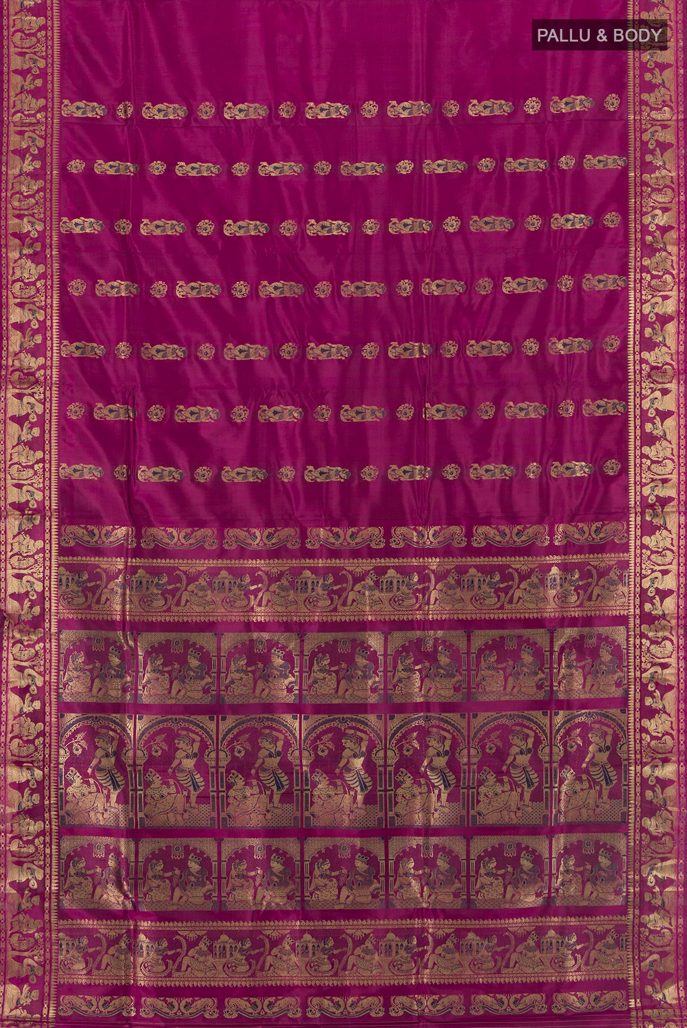 Flat view of Magenta Baluchari Silk Saree with Zari And Thread Butta on the body and Zari Border. 