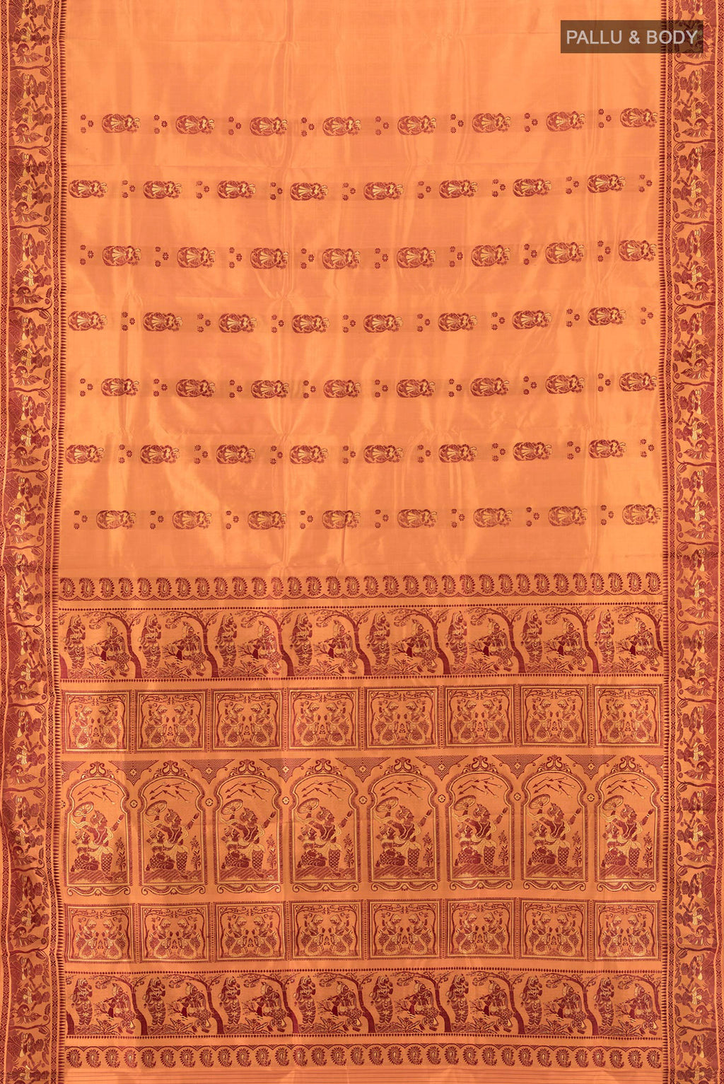 Flat view of Saffron Baluchari Silk Saree with Thread Butta on the body and Thread Border. 
