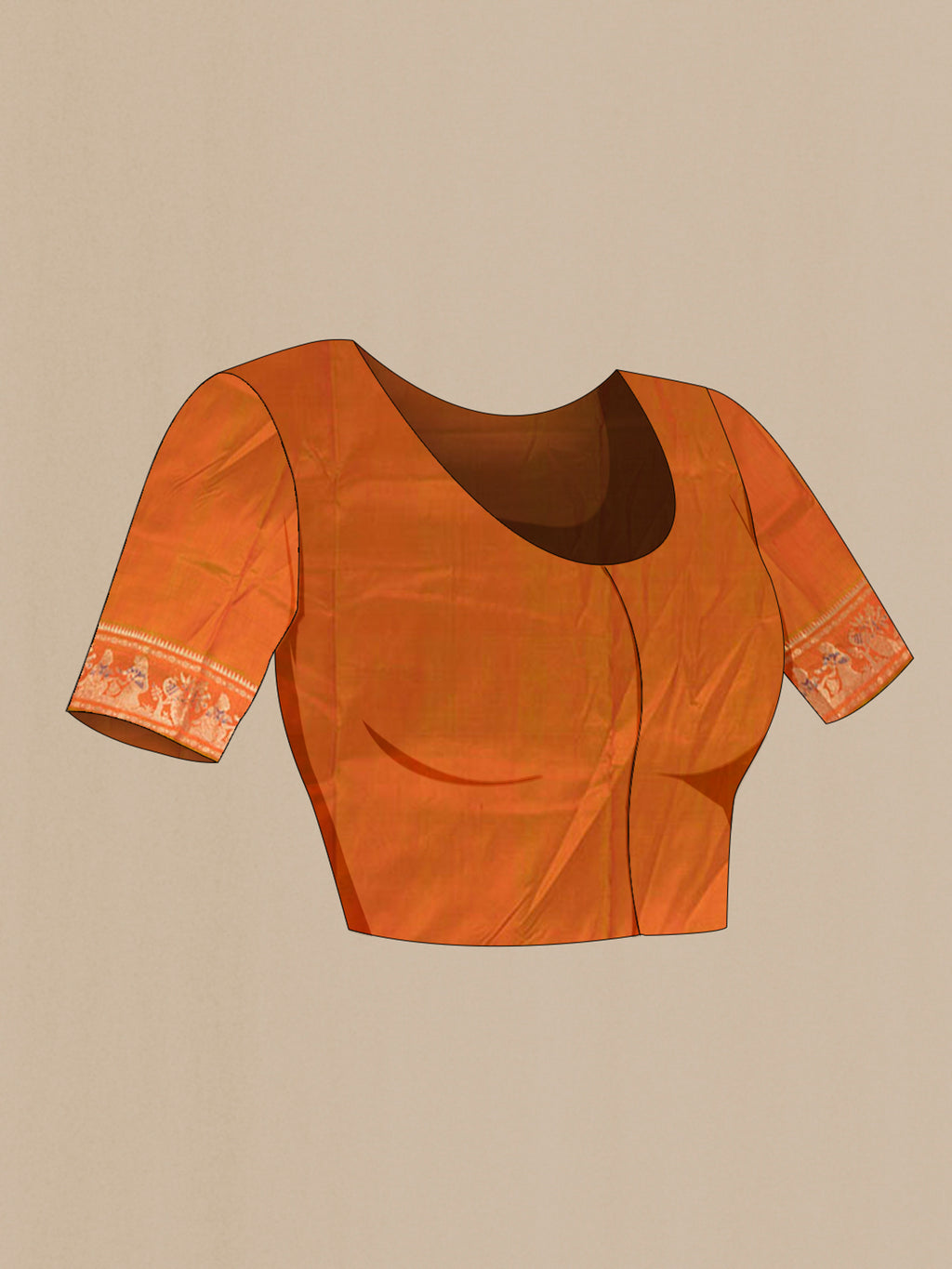Close up image of the blouse of Pure Silk Rust Baluchari Saree with Thread Butta on the body and Thread Border. 