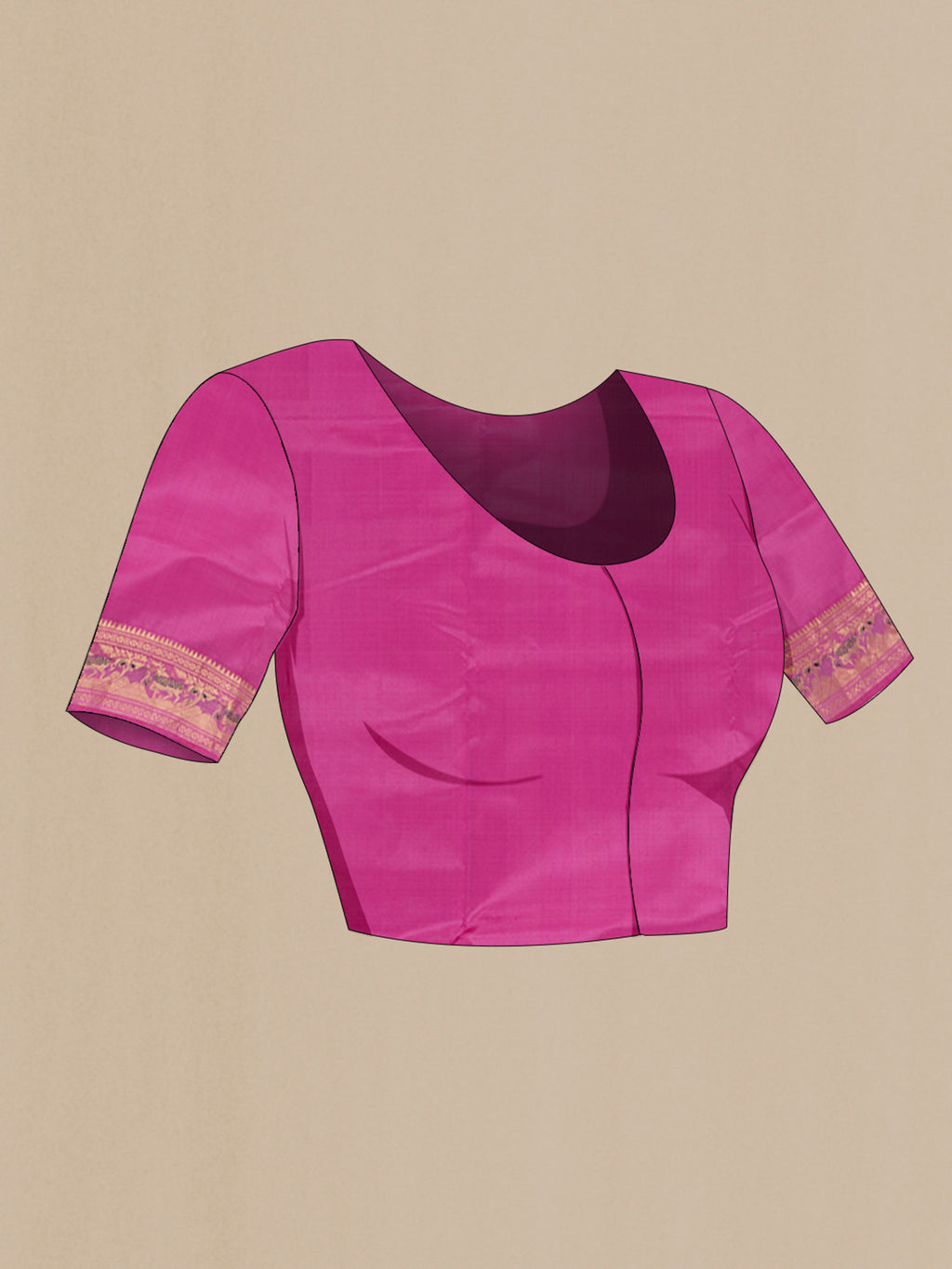 Close up image of the blouse of Light Magenta Baluchari Silk Saree with Zari And Thread Butta on the body and Zari Border. 