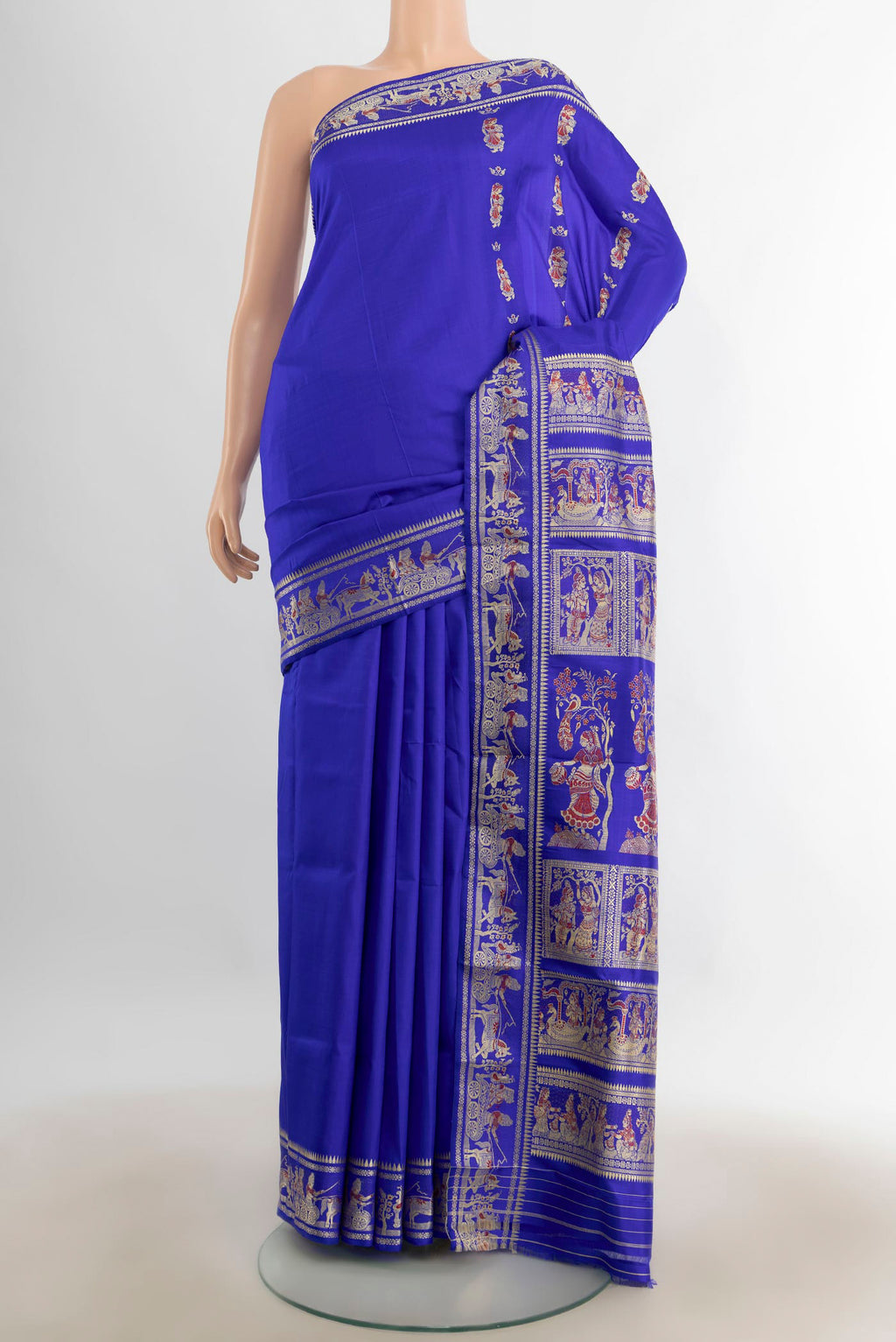 Pure Silk Dark Blue Baluchari Saree with Thread Butta on the body and Silk Border.  displayed on a mannequin
