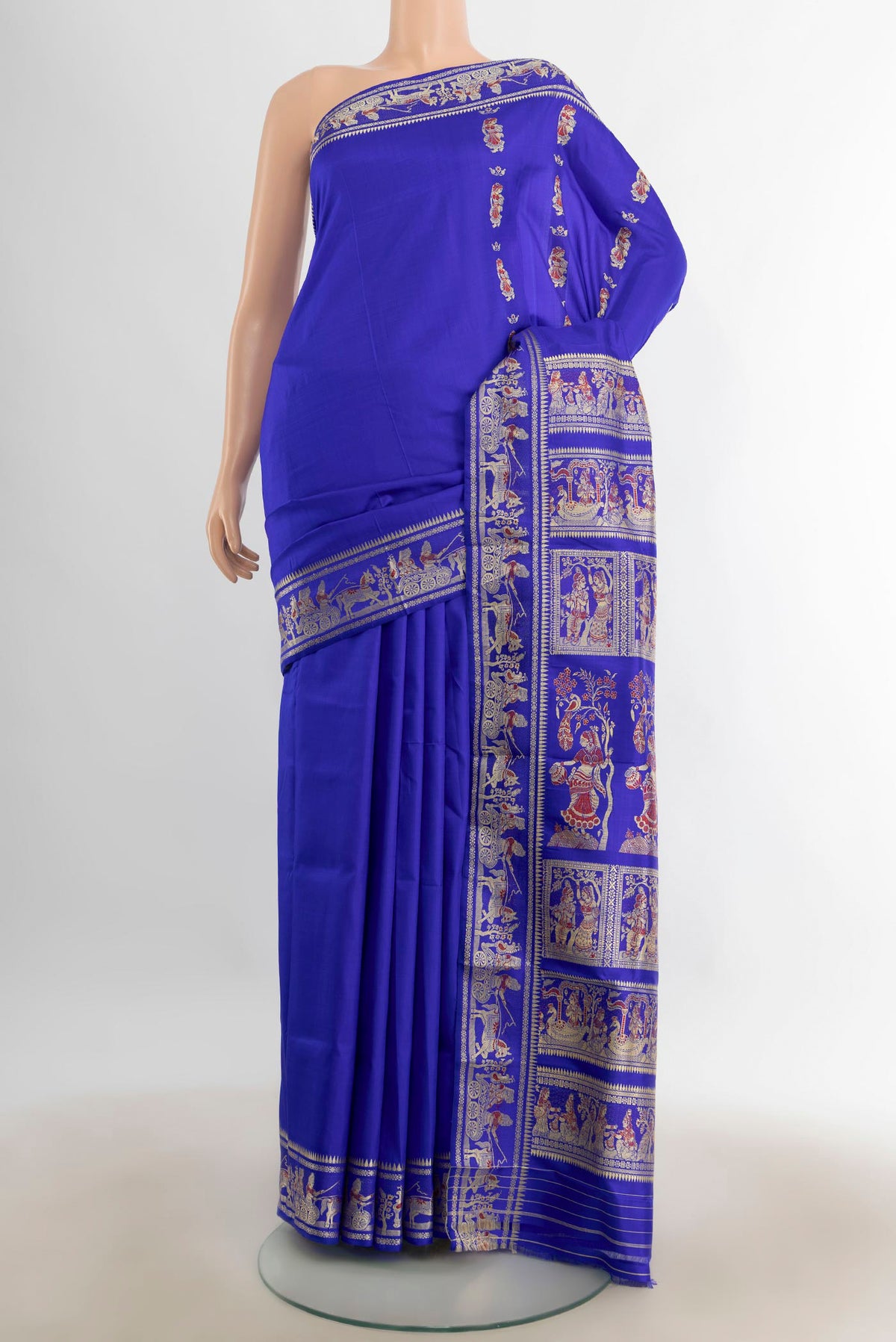 Pure Silk Dark Blue Baluchari Saree with Thread Butta on the body and Silk Border.  displayed on a mannequin