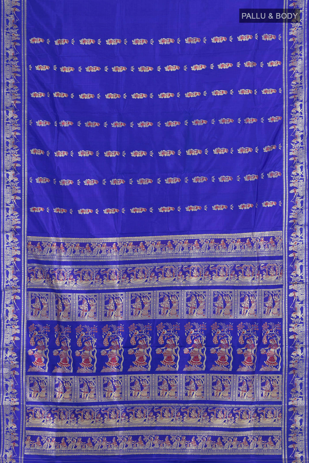 Flat view of Pure Silk Dark Blue Baluchari Saree with Thread Butta on the body and Silk Border. 