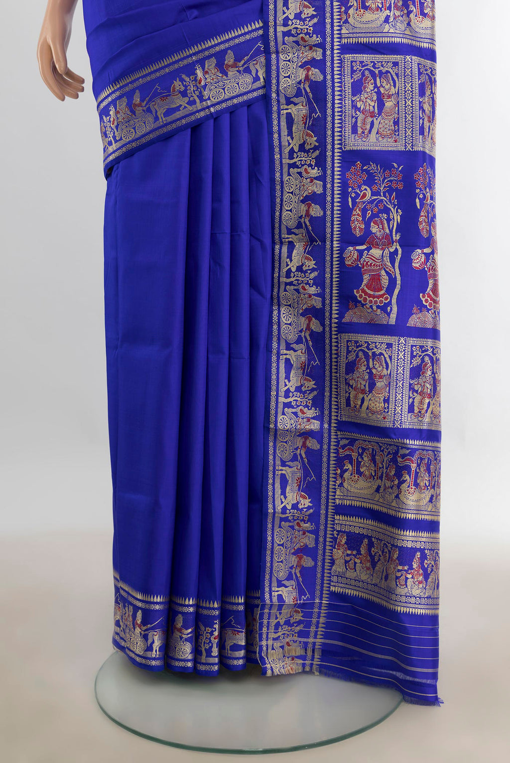 Pleats and pallu of Pure Silk Dark Blue Baluchari Saree with Thread Butta on the body and Silk Border. 