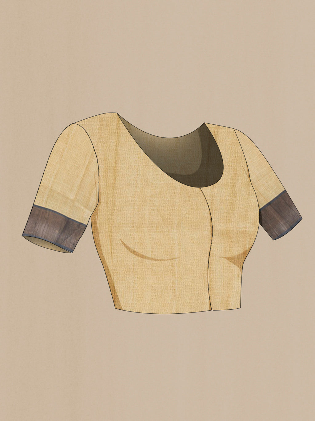 Close up image of the blouse of Sandal Tussar Saree with Printed design on the body and Zari Border. 