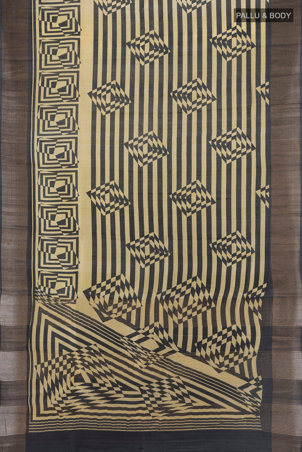 Flat view of Sandal Tussar Saree with Printed design on the body and Zari Border. 