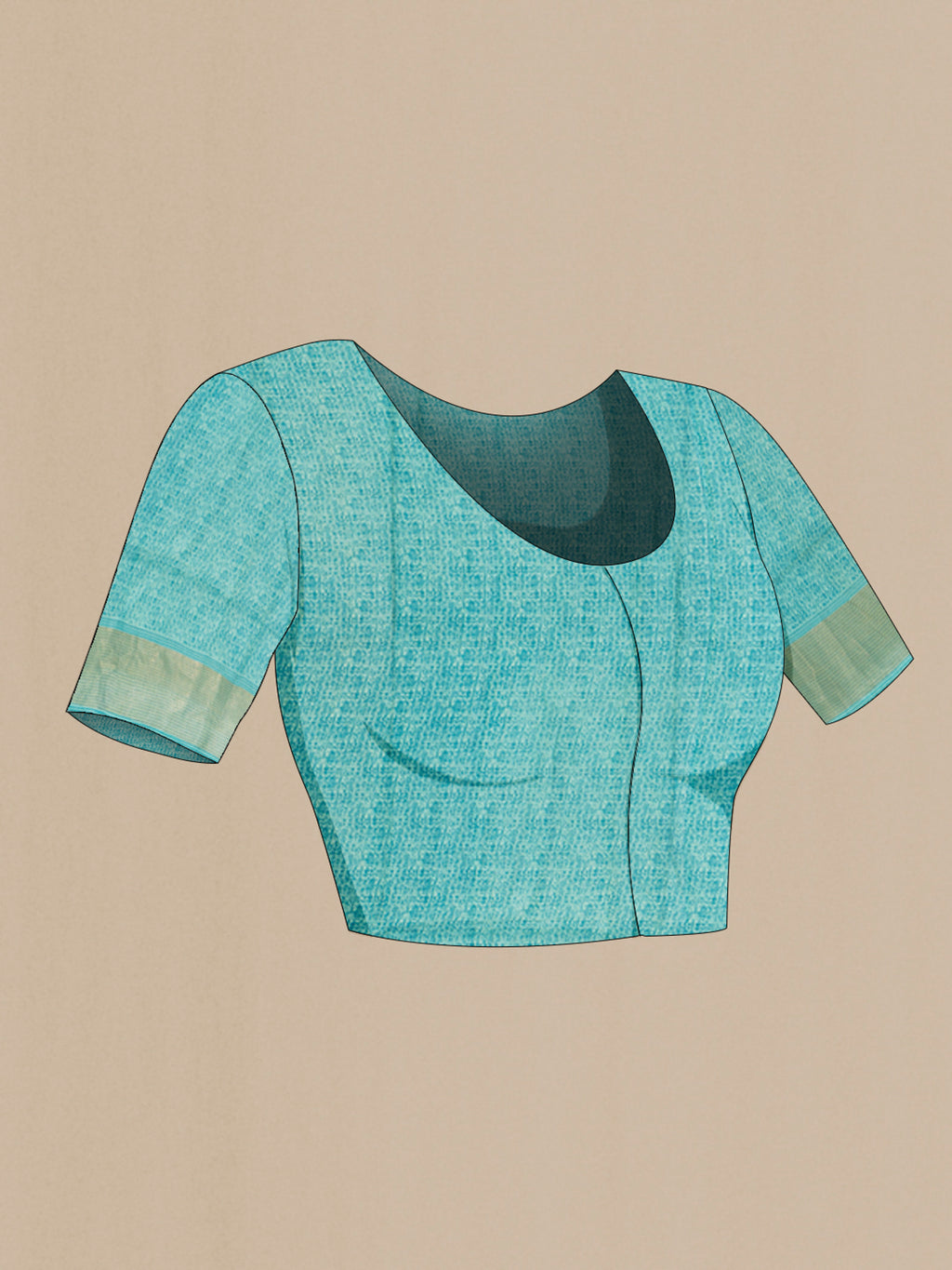 Close up image of the blouse of Light Blue Tussar Silk Saree with Floral Print on the body and Zari Border. 