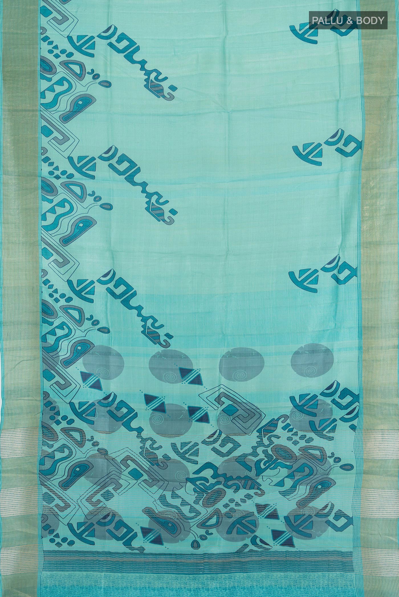 Flat view of Light Blue Tussar Silk Saree with Floral Print on the body and Zari Border. 