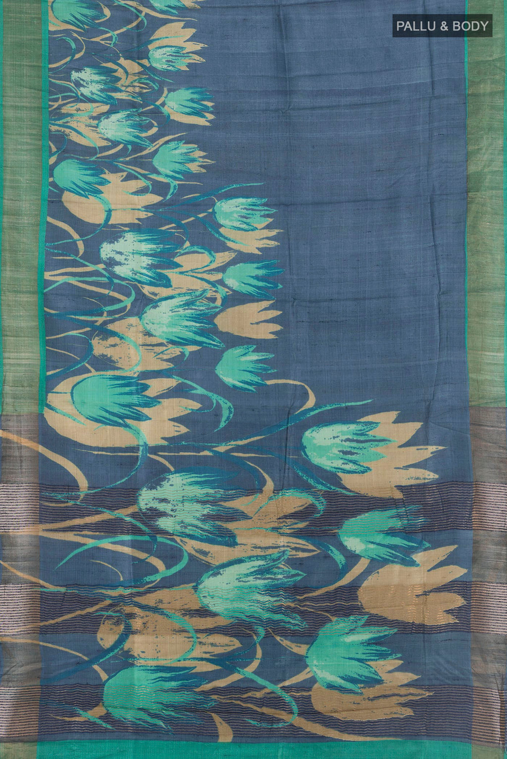 Flat view of Blue Tussar Silk Saree with Plain Body and Zari Border. 