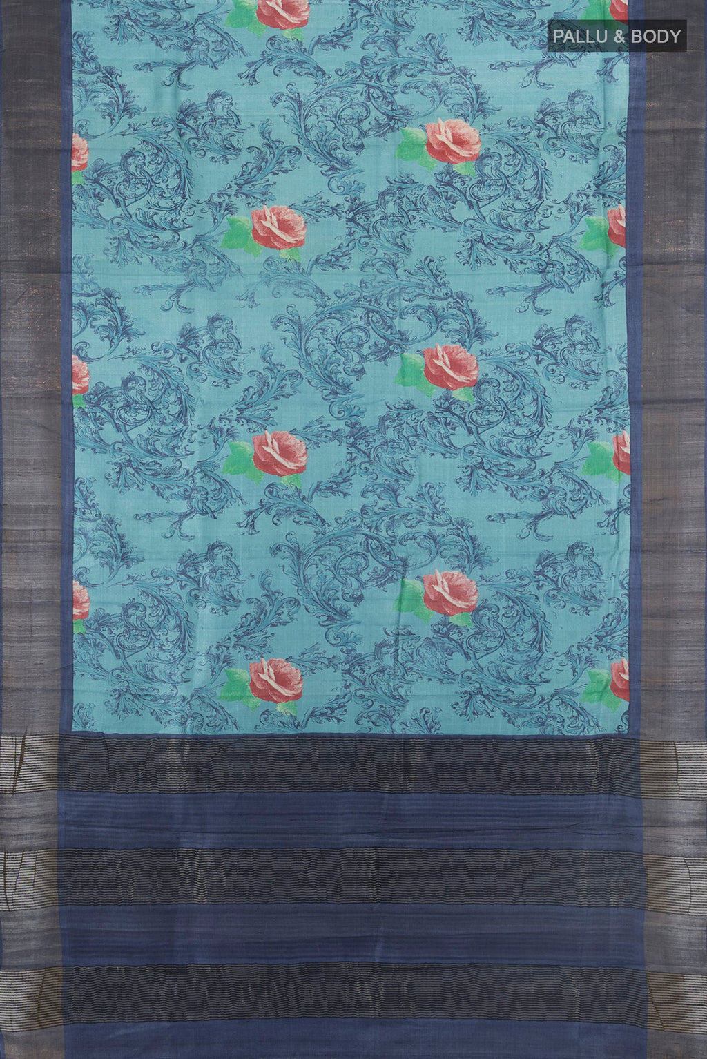 Flat view of Light Blue Tussar Silk Saree with Floral Print on the body and Zari Border. 