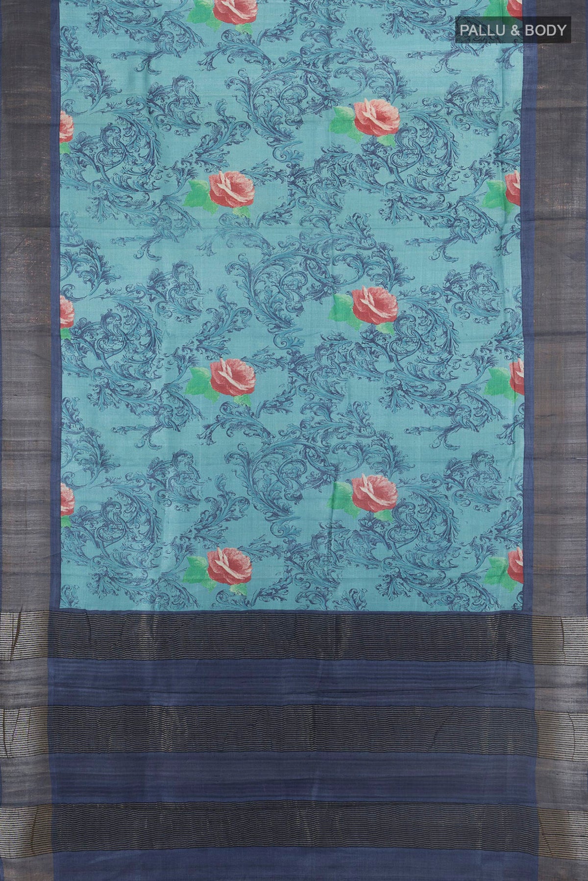 Flat view of Light Blue Tussar Silk Saree with Floral Print on the body and Zari Border. 