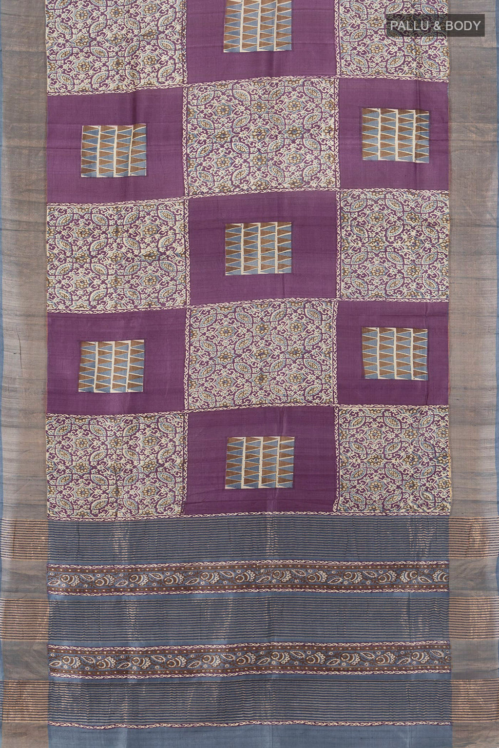 Flat view of Multi Color Tussar Silk Saree with Floral Print on the body and Zari Border. 