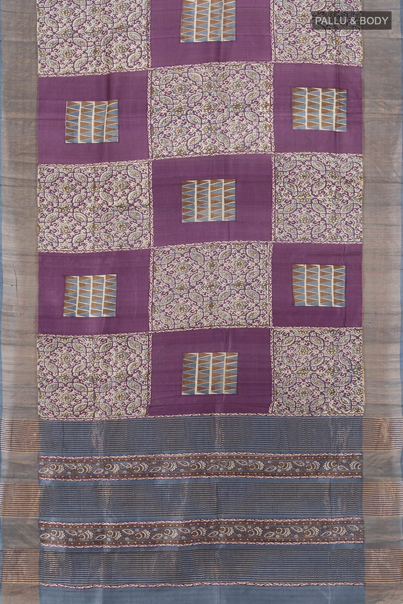 Flat view of Multi Color Tussar Silk Saree with Floral Print on the body and Zari Border. 