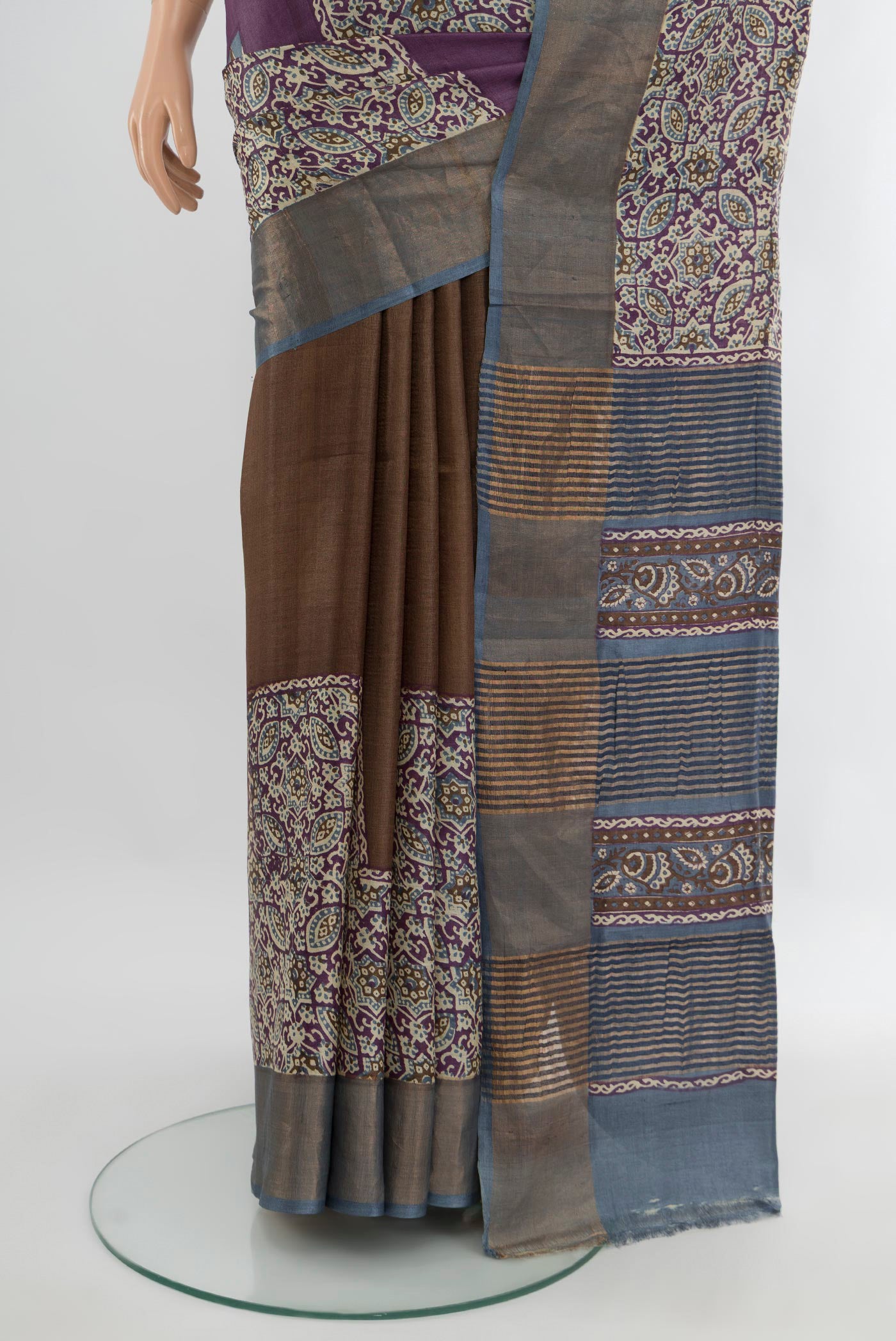 Pleats and pallu of Multi Color Tussar Silk Saree with Floral Print on the body and Zari Border. 