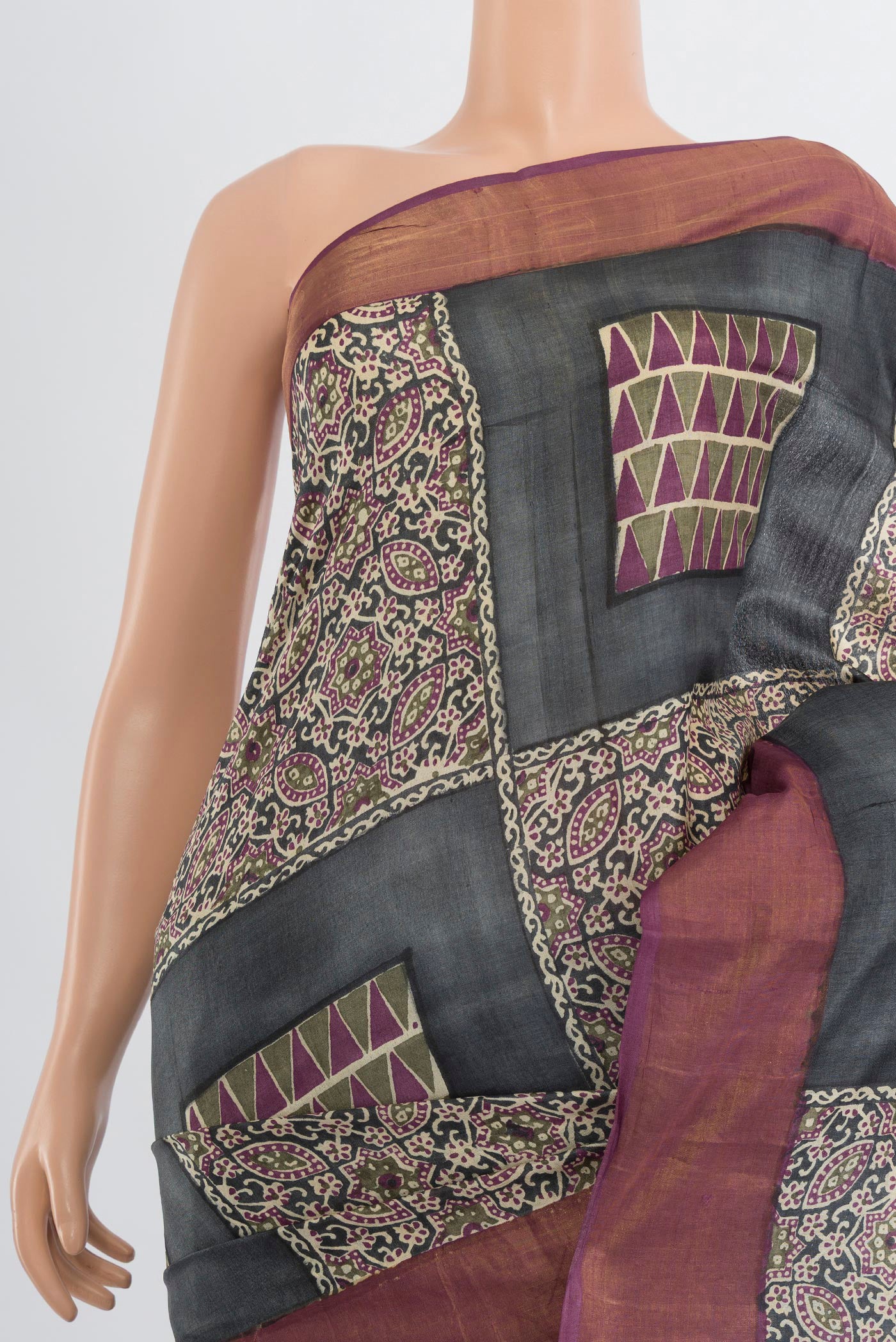Border image of Multi Color Tussar Silk Saree with Floral Print on the body and Silk Border. 