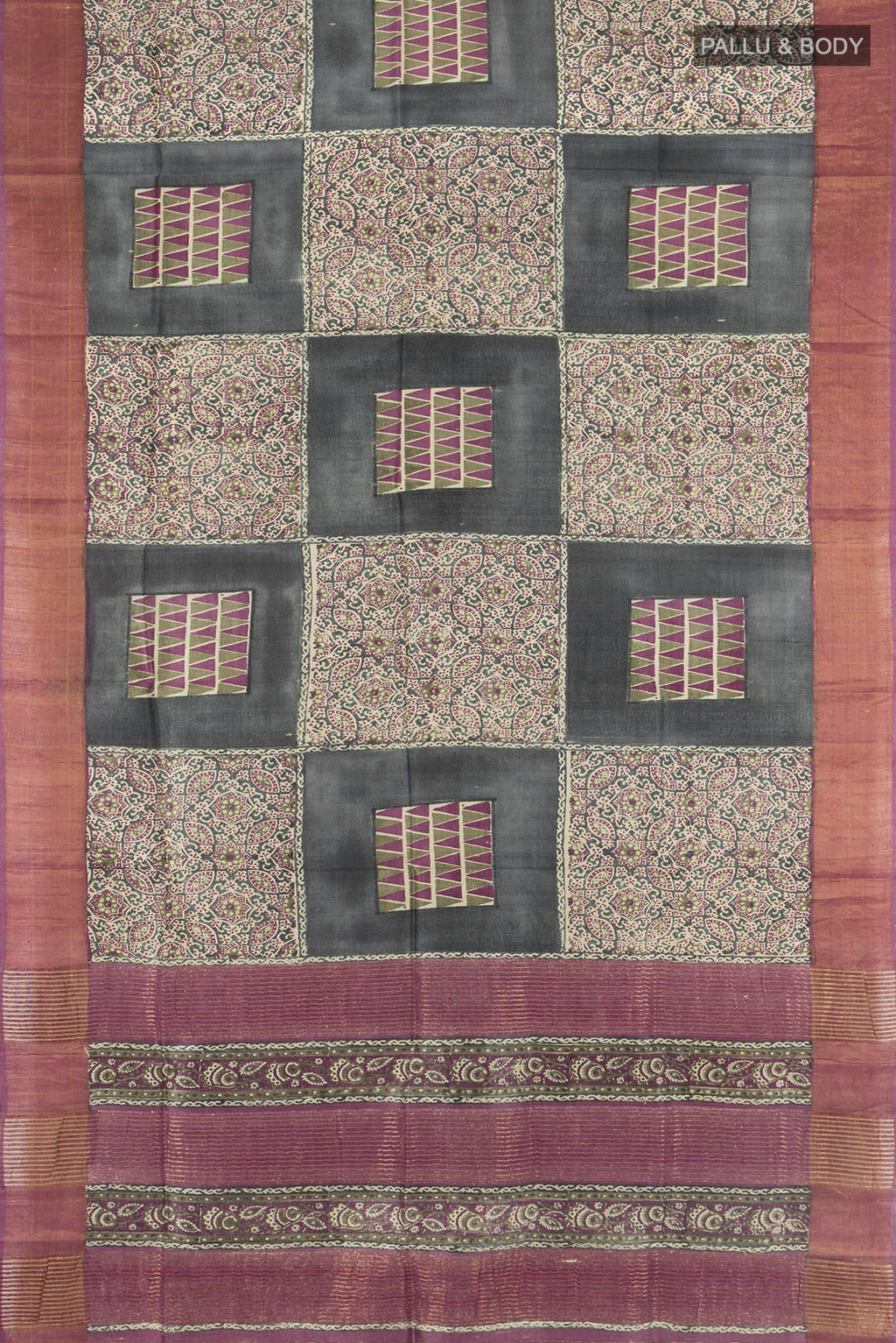 Flat view of Multi Color Tussar Silk Saree with Floral Print on the body and Silk Border. 