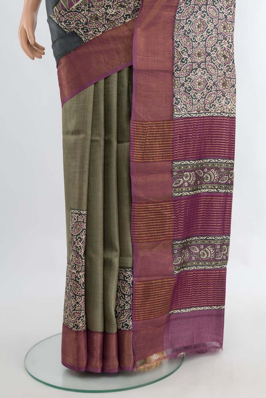 Pleats and pallu of Multi Color Tussar Silk Saree with Floral Print on the body and Silk Border. 