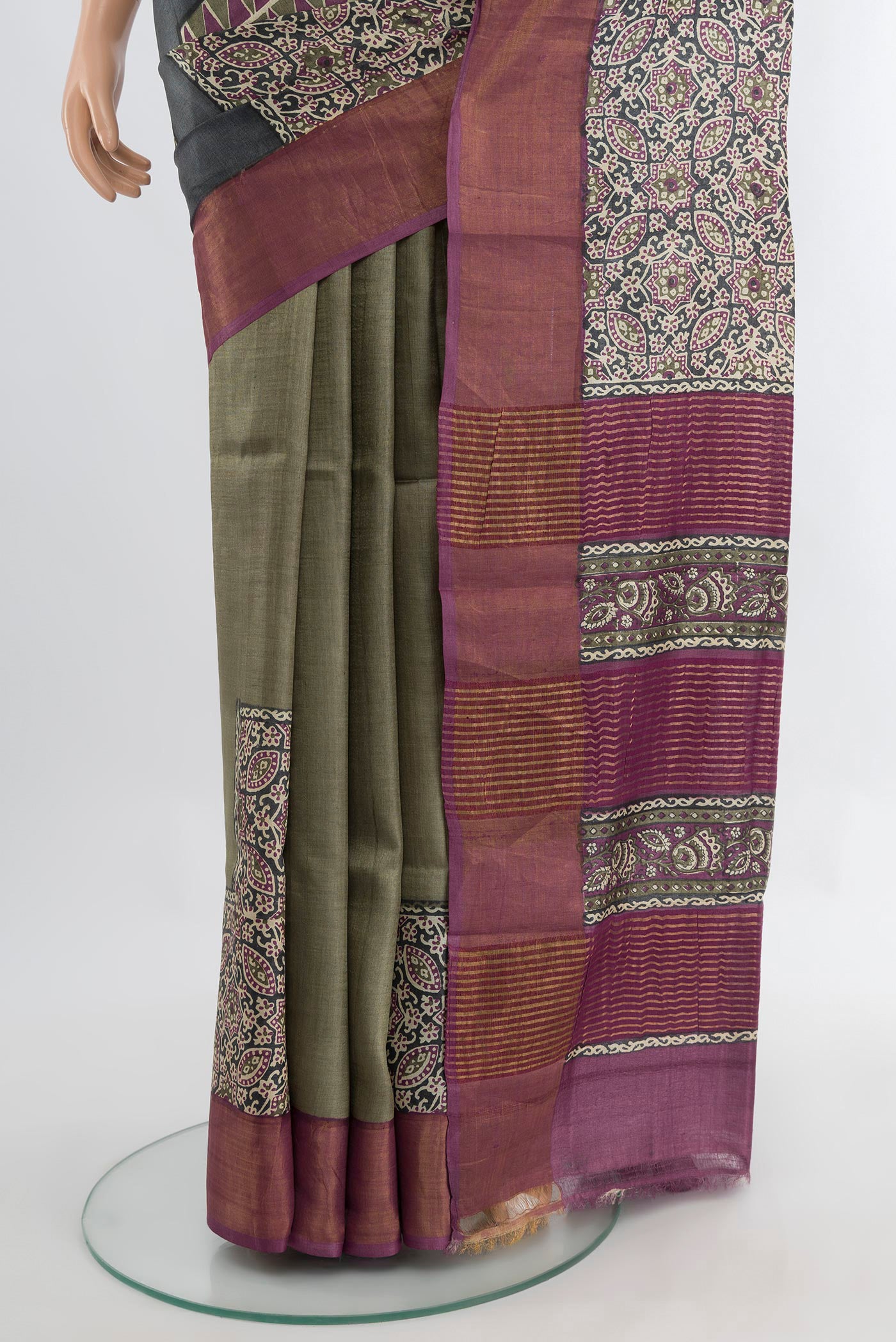 Pleats and pallu of Multi Color Tussar Silk Saree with Floral Print on the body and Silk Border. 