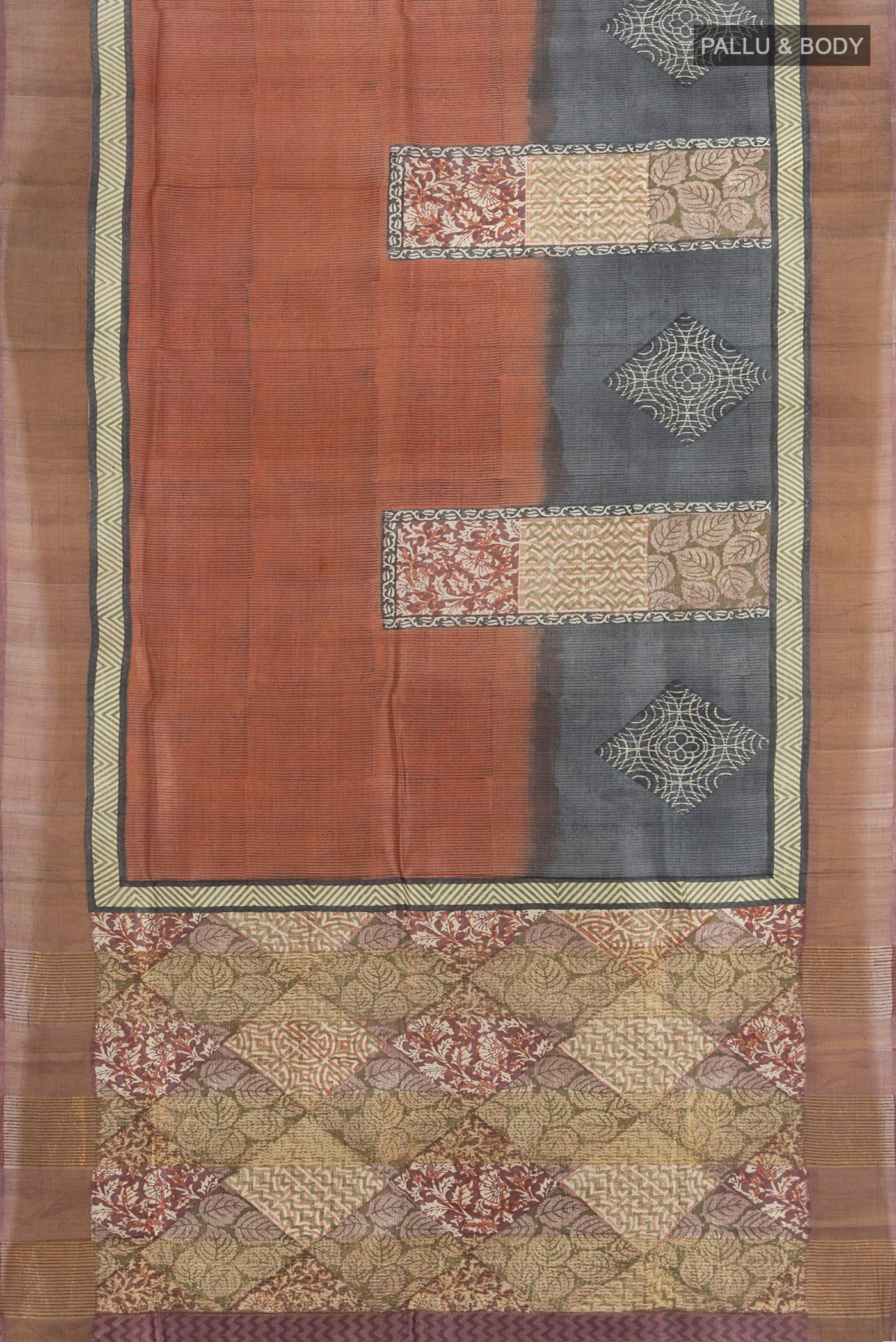 Flat view of Multi Color Tussar Silk Saree with Floral Print on the body and Zari Border. 