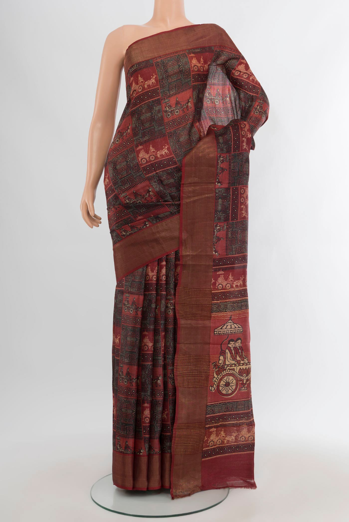 Multi Color Tussar Silk Saree with Printed design on the body and Zari Border.  displayed on a mannequin