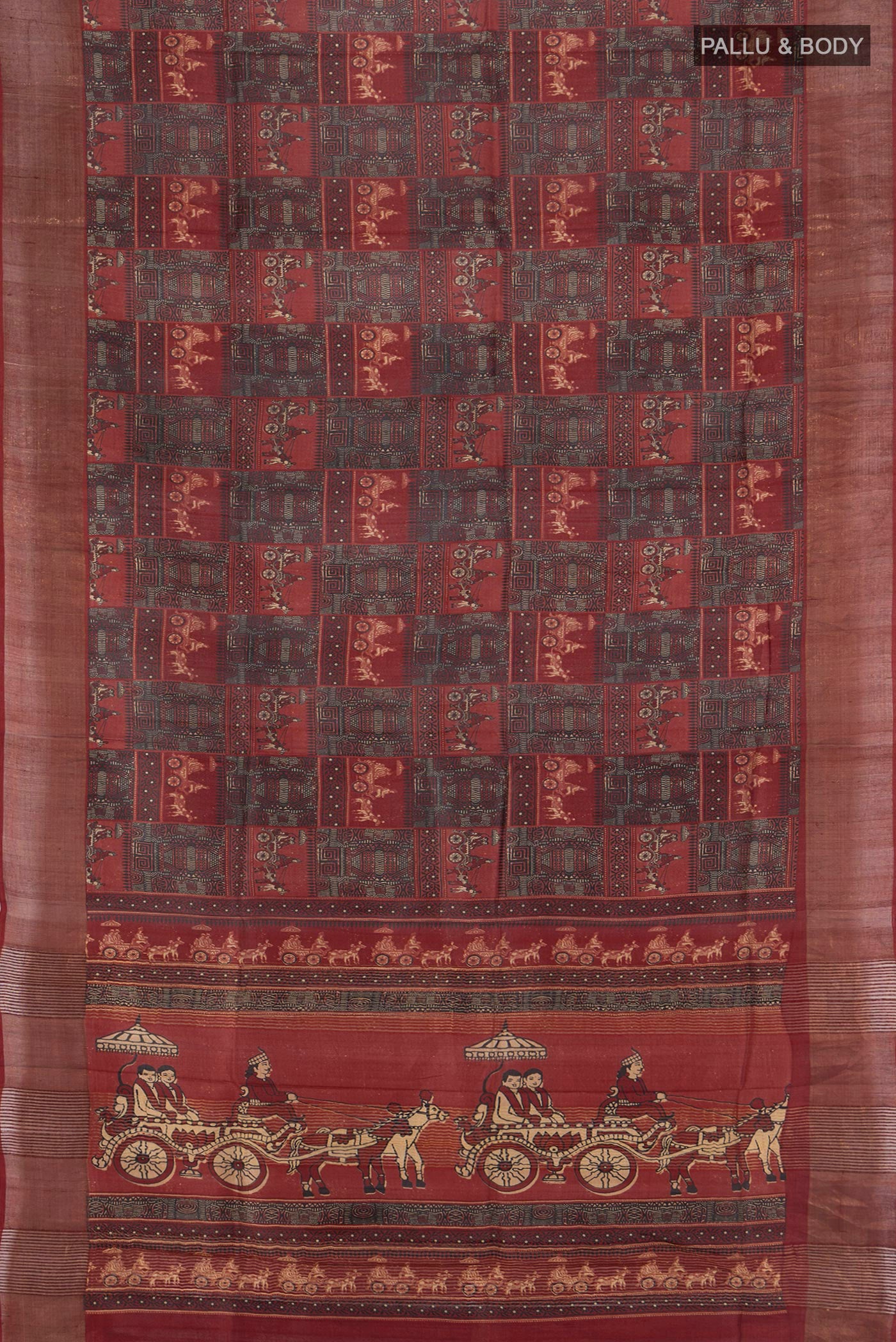 Flat view of Multi Color Tussar Silk Saree with Printed design on the body and Zari Border. 
