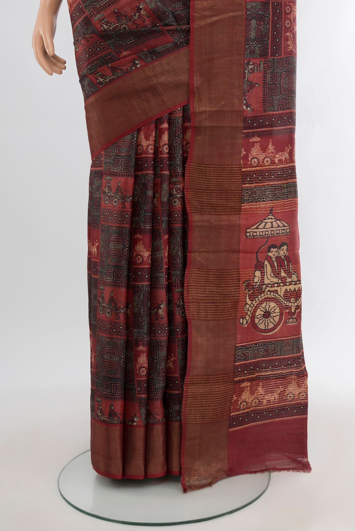 Pleats and pallu of Multi Color Tussar Silk Saree with Printed design on the body and Zari Border. 