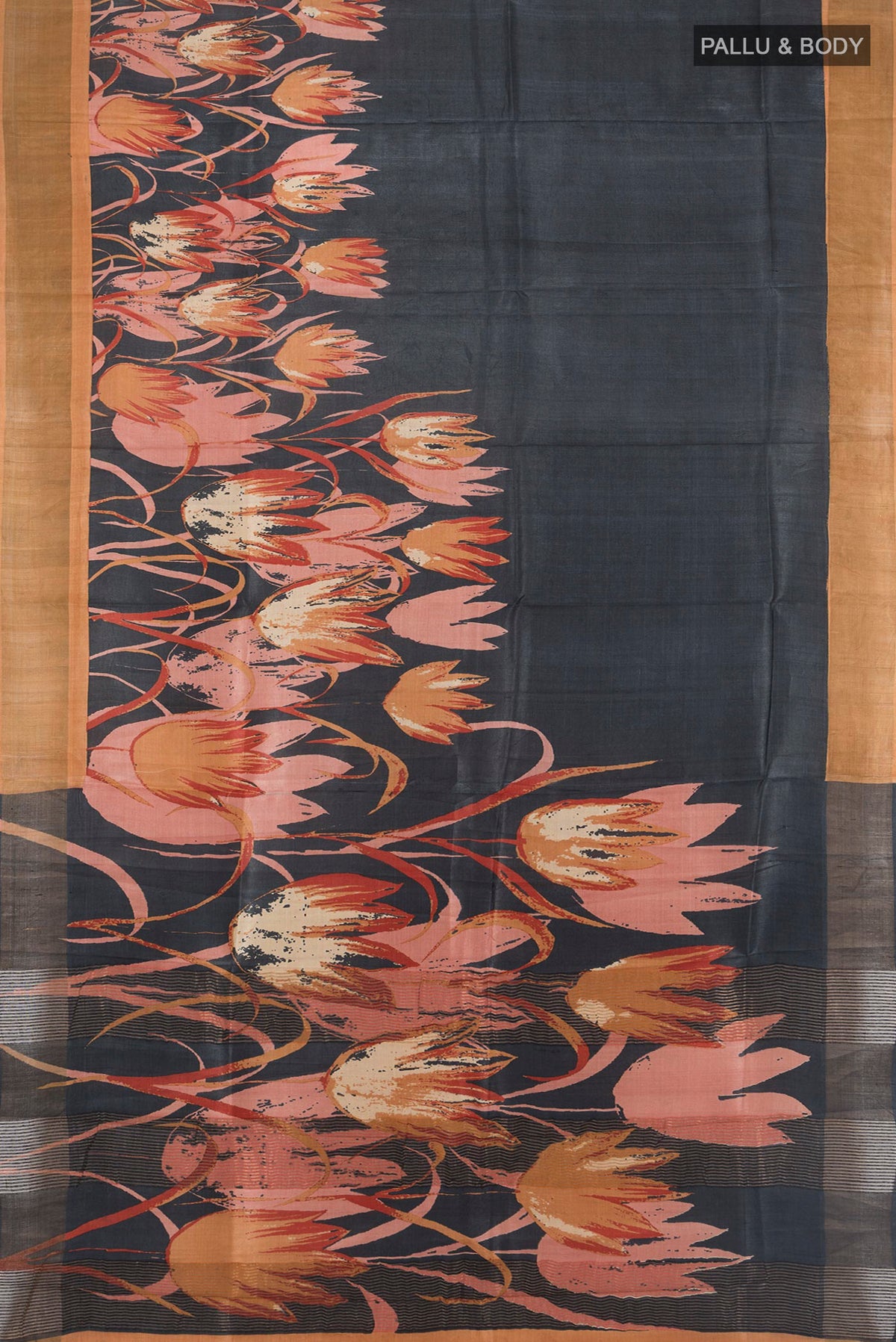 Flat view of Black Tussar Silk Saree with Plain Body and Fancy Border. 