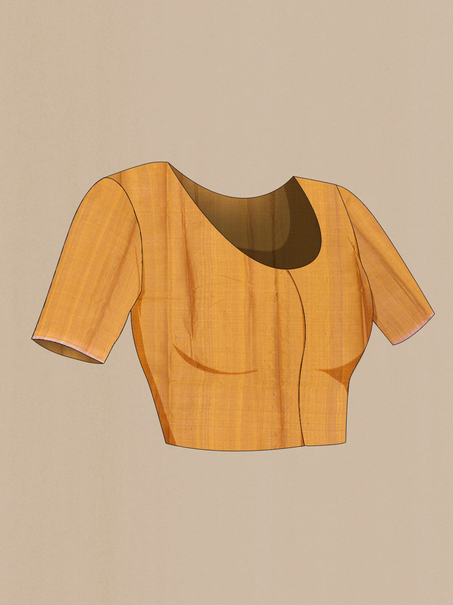 Close up image of the blouse of Golden Tussar Silk Saree with Zari Butta on the body and Without Border. 