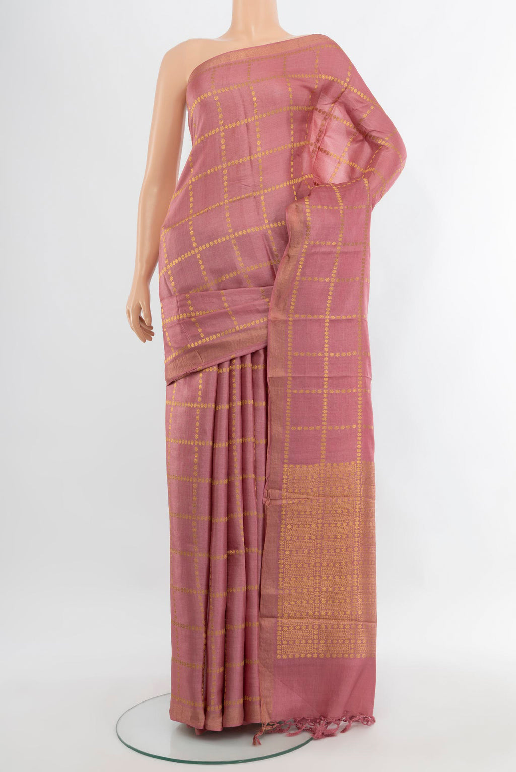 Pink Tussar Silk Saree with Checked design on the body and Thread Border.  displayed on a mannequin