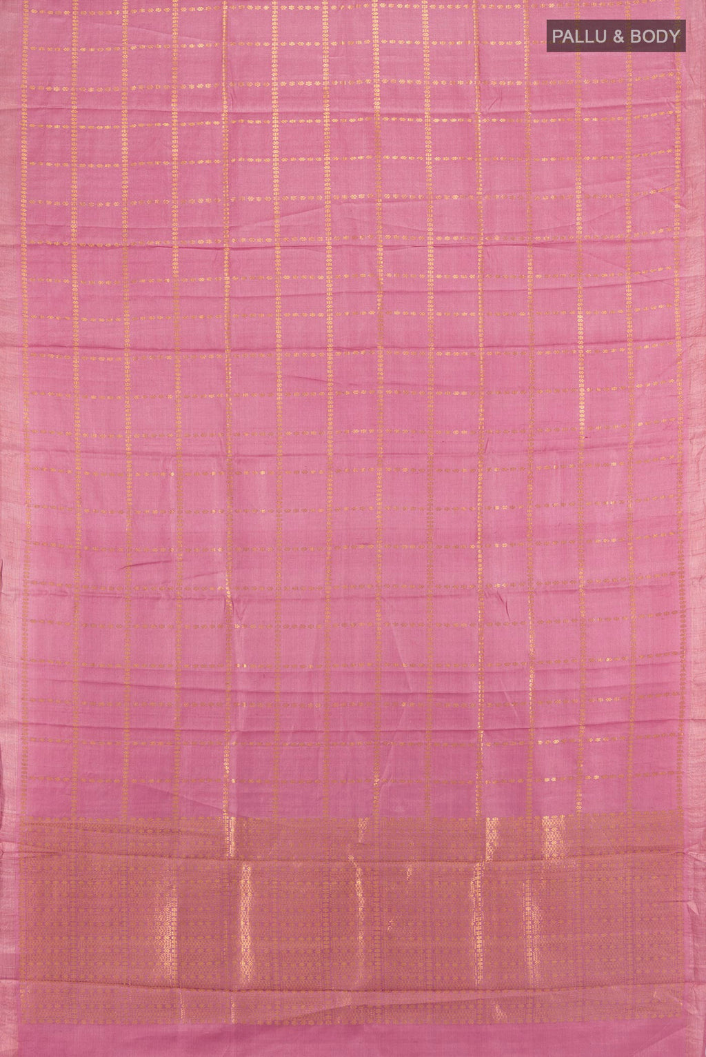 Flat view of Pink Tussar Silk Saree with Checked design on the body and Thread Border. 