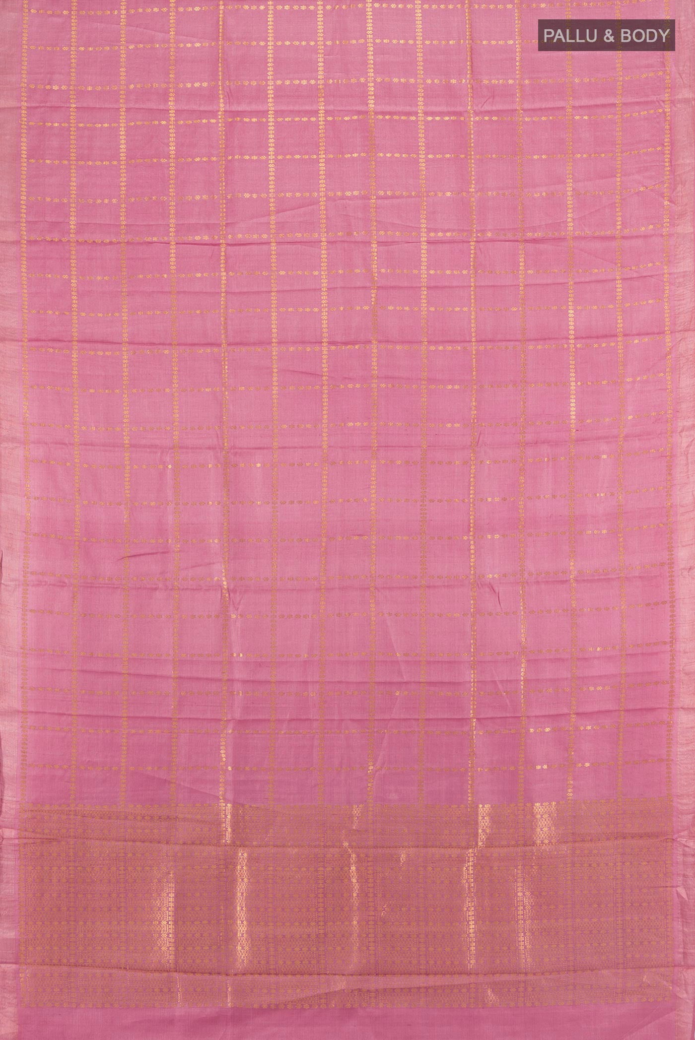 Flat view of Pink Tussar Silk Saree with Checked design on the body and Thread Border. 
