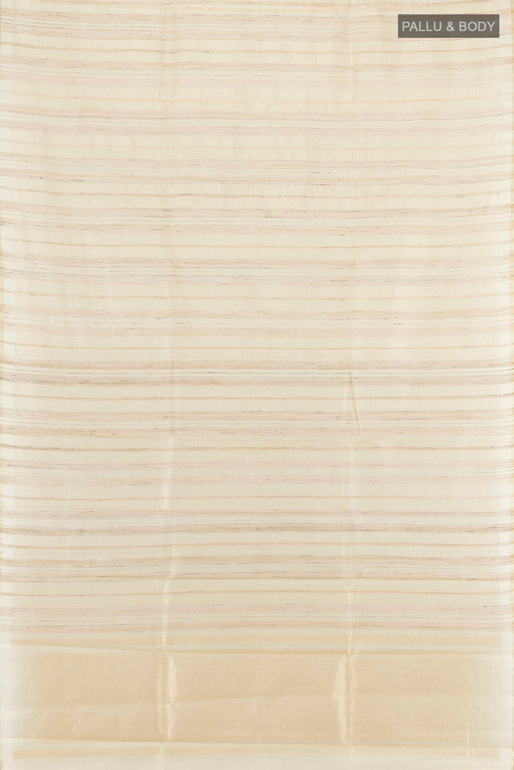 Flat view of Cream Tussar Saree with Stripes on the body and Zari Border. 