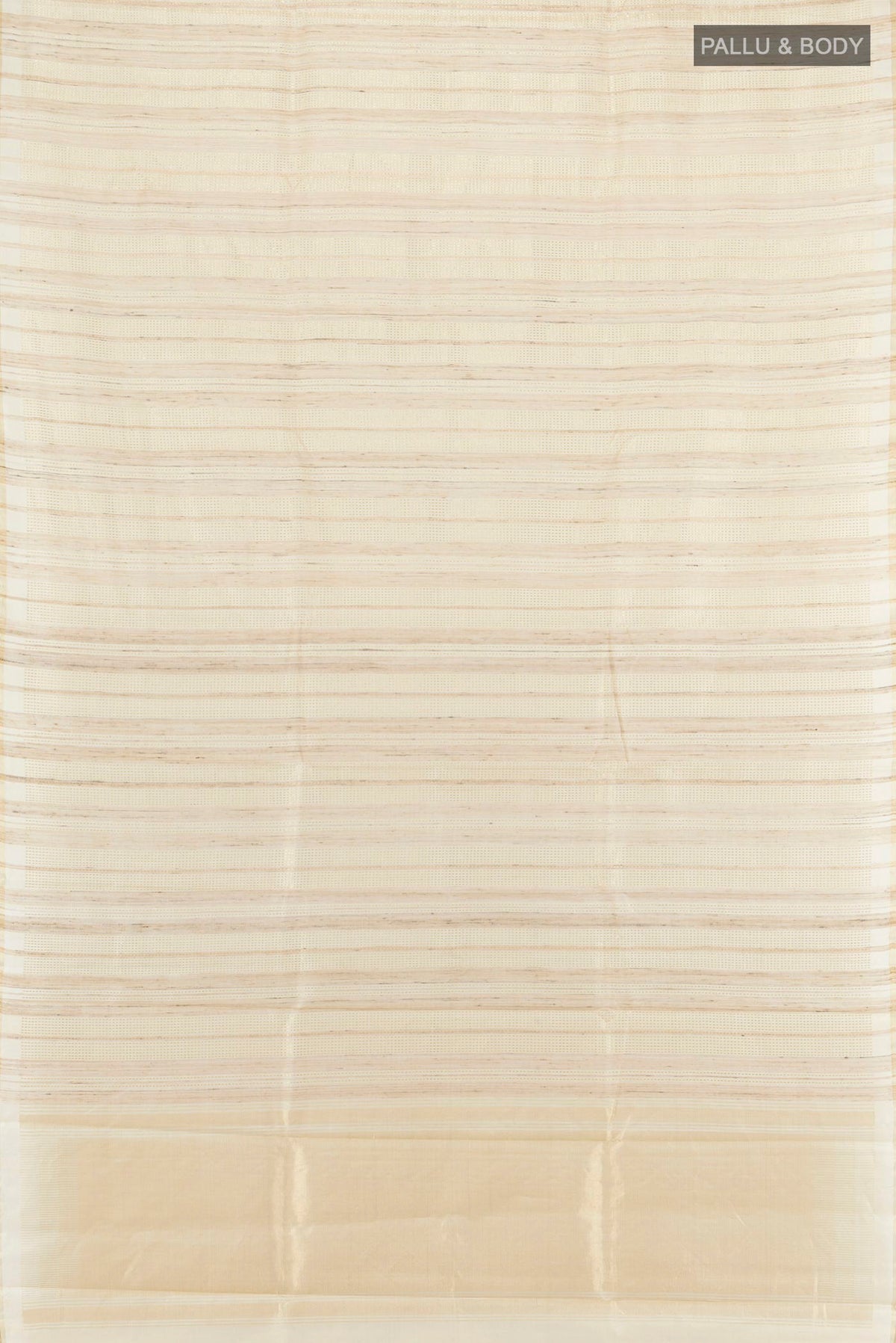 Flat view of Cream Tussar Saree with Stripes on the body and Zari Border. 