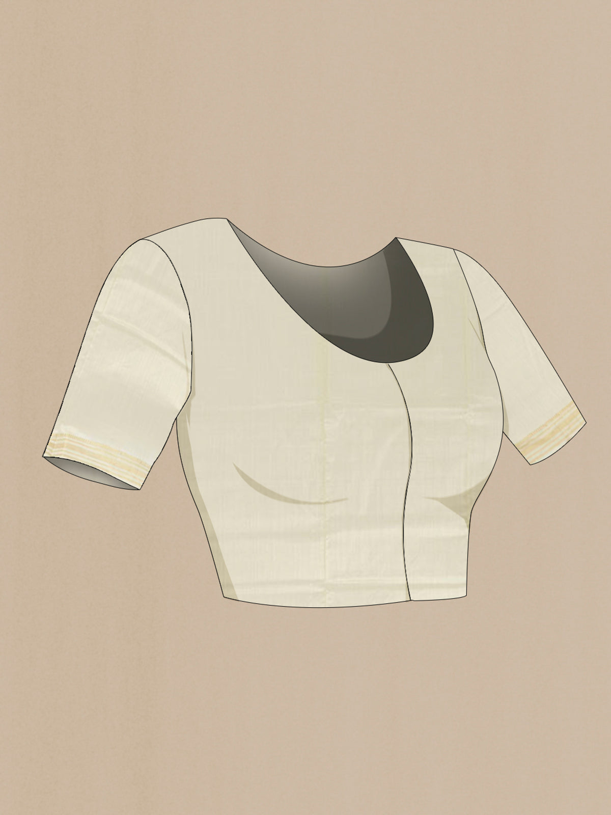 Close up image of the blouse of Cream Tussar Saree with Checked design on the body and Zari Border. 