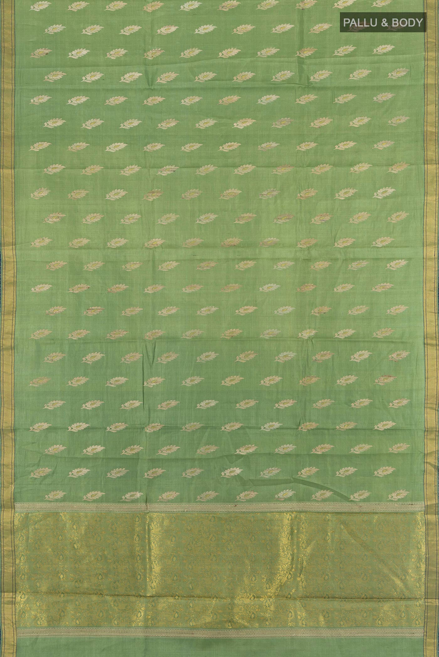 Flat view of Light Green Tussar Silk Saree with Zari Butta on the body and Zari Border. 