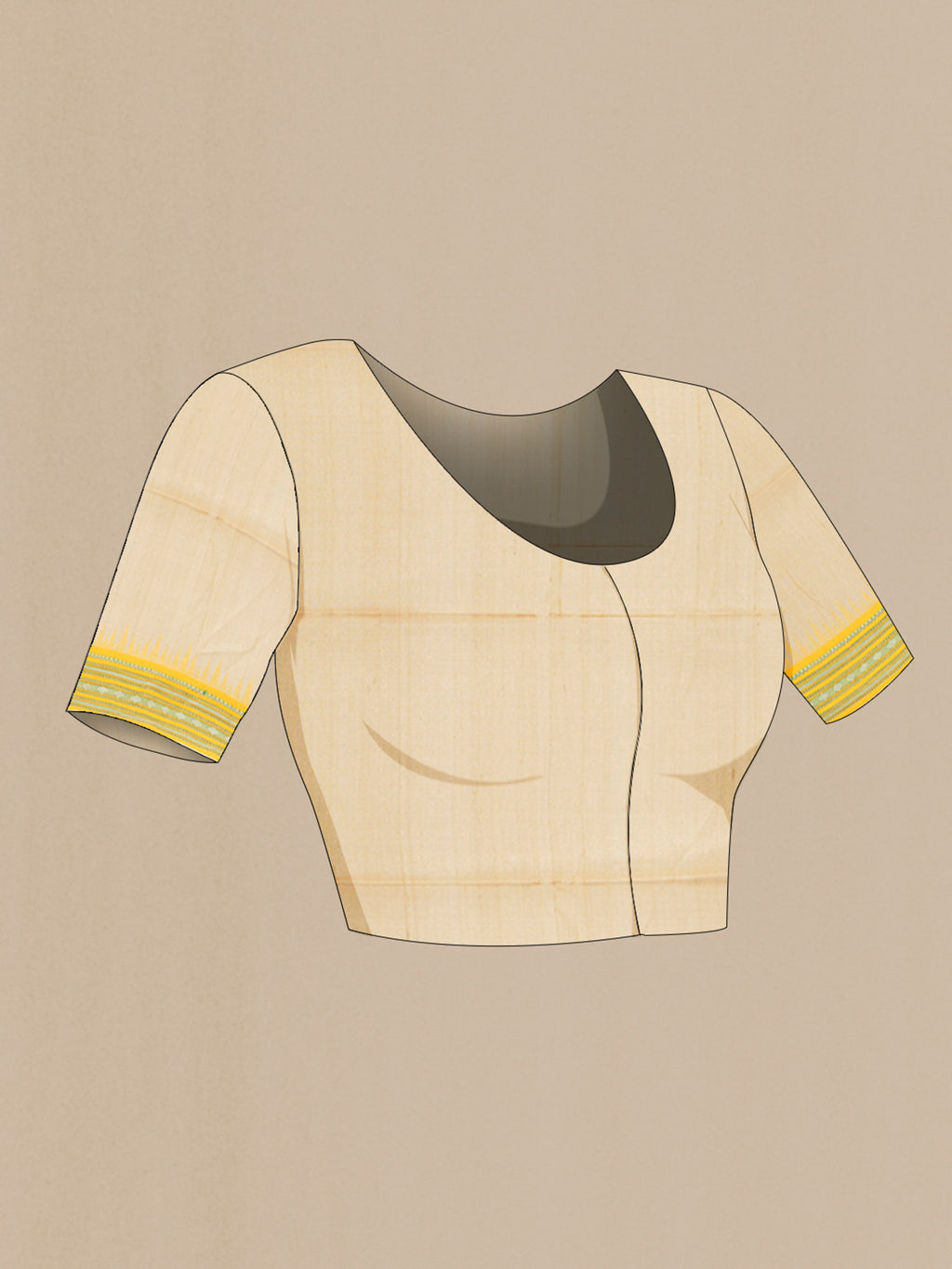 Close up image of the blouse of Cream Tussar Silk Saree with Plain Body and Thread Border. 