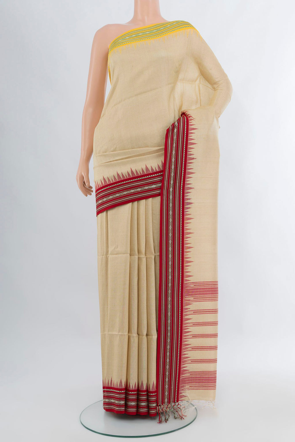 Cream Tussar Silk Saree with Plain Body and Thread Border.  displayed on a mannequin