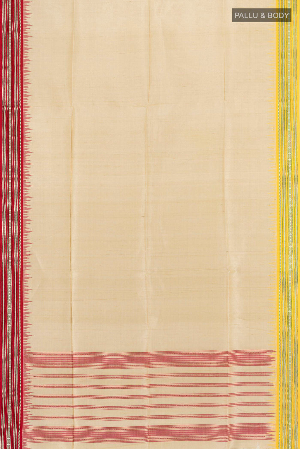 Flat view of Cream Tussar Silk Saree with Plain Body and Thread Border. 