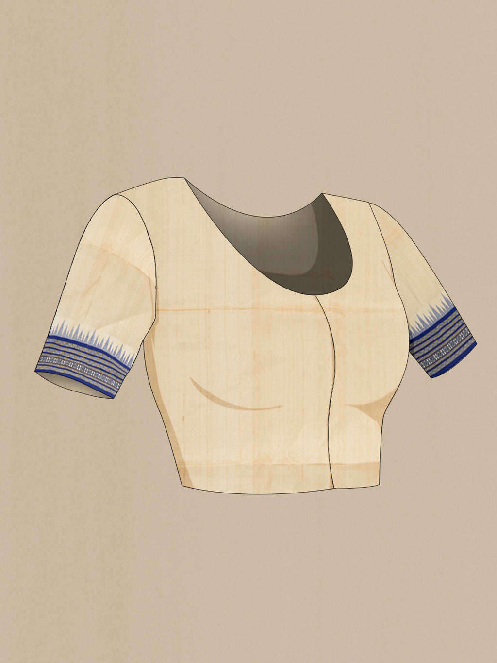 Close up image of the blouse of Cream Tussar Saree with Plain Body and Temple Border. 
