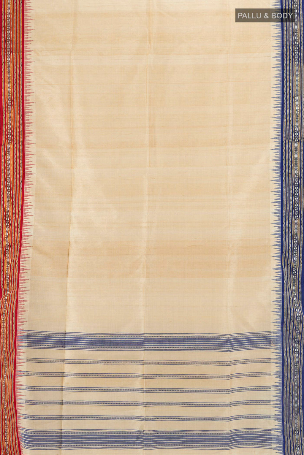 Flat view of Cream Tussar Saree with Plain Body and Temple Border. 