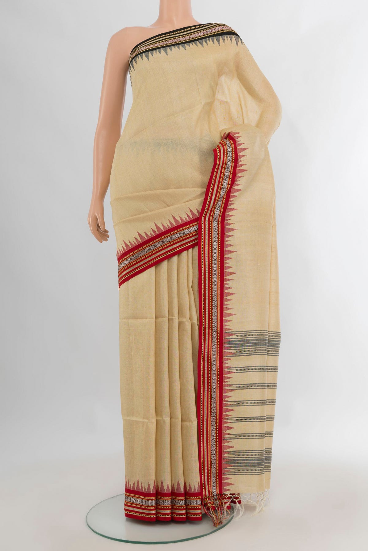 Pure Silk Cream Tussar Saree with Plain Body and Thread Border.  displayed on a mannequin