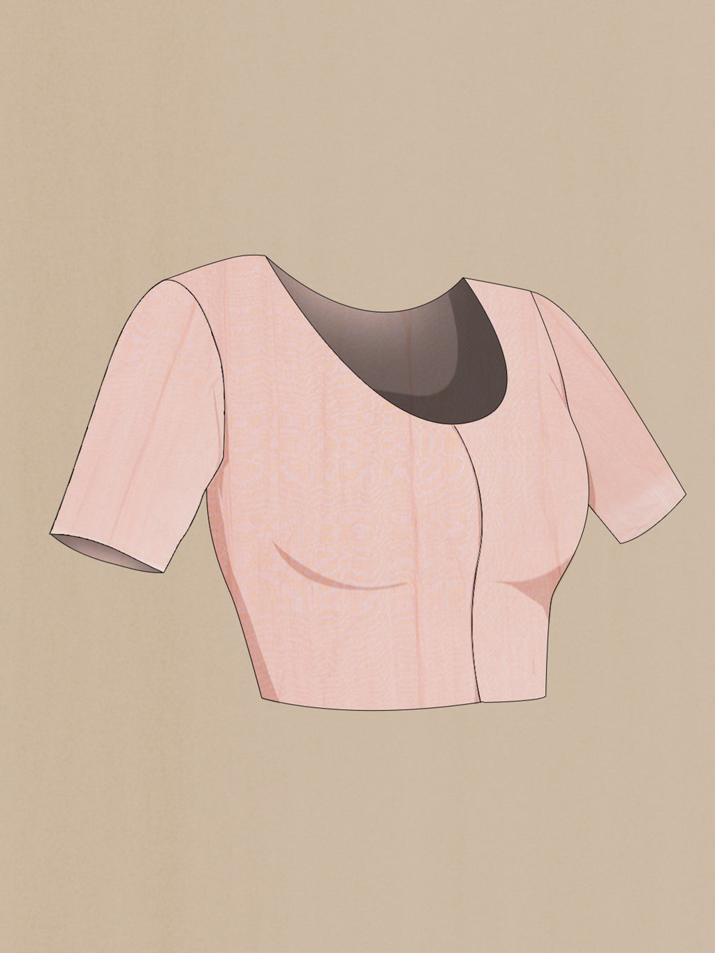 Close up image of the blouse of Rose Gold Tussar Silk Saree with Zari Butta on the body and Zari Border. 