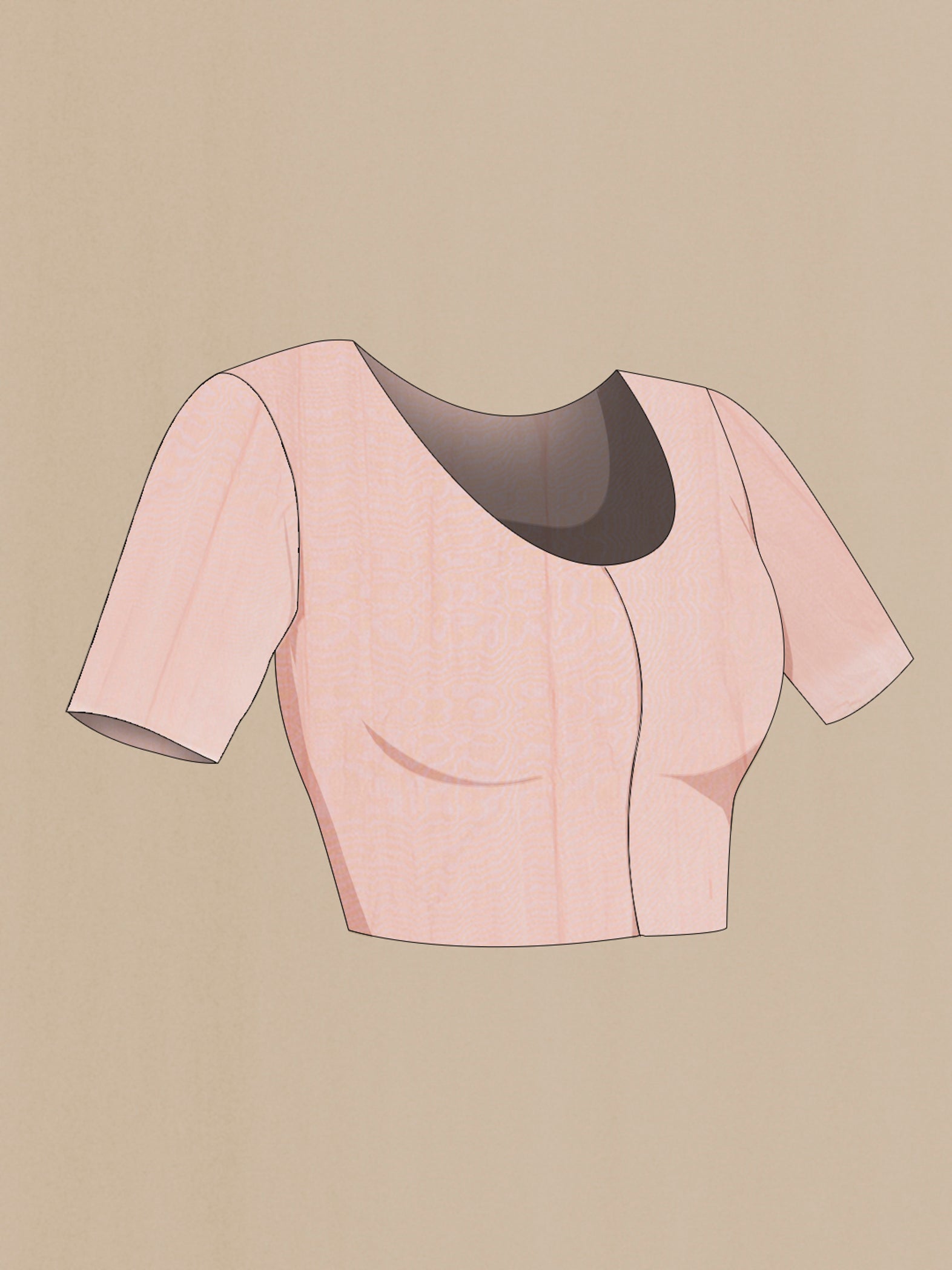 Close up image of the blouse of Rose Gold Tussar Silk Saree with Zari Butta on the body and Zari Border. 