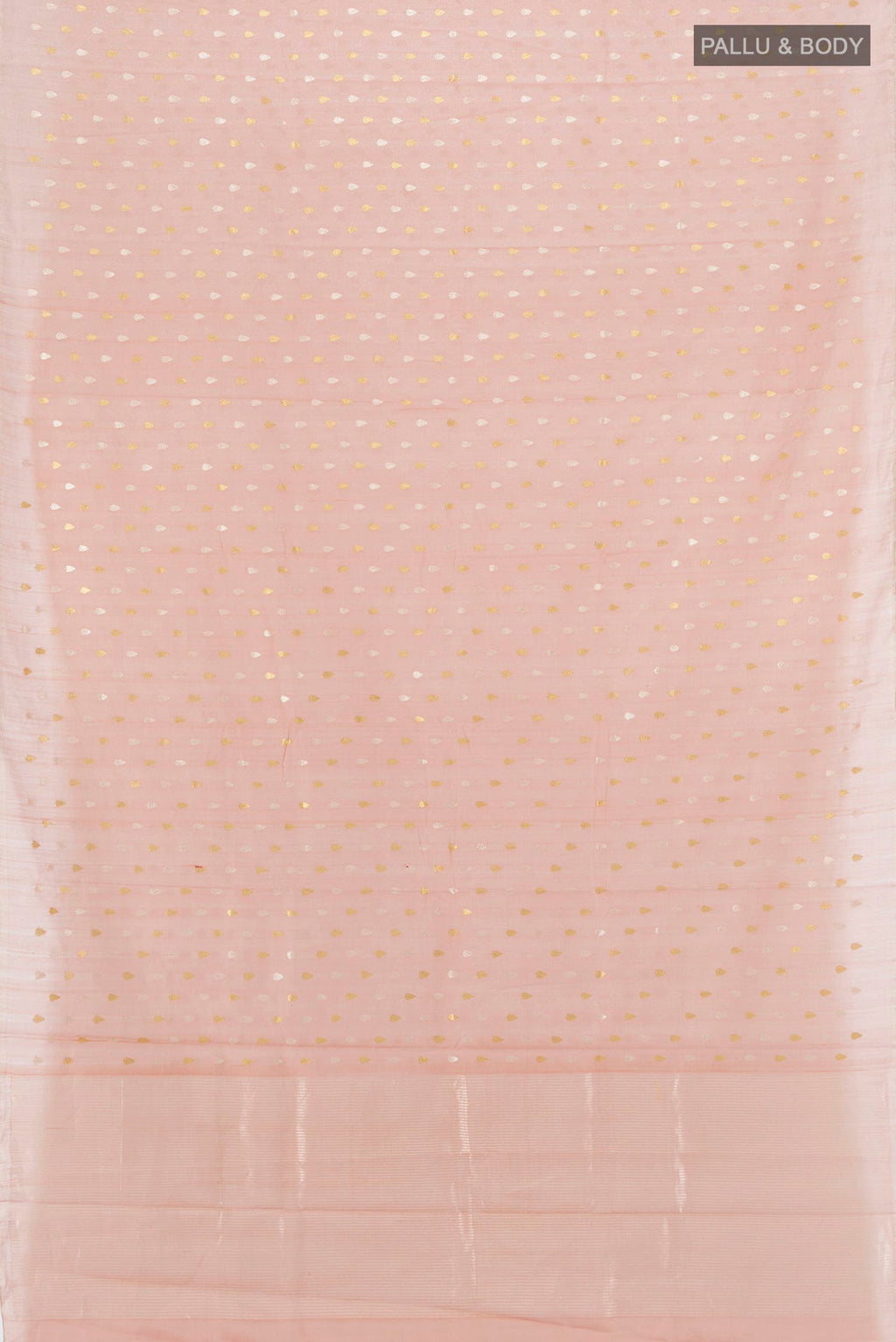 Flat view of Rose Gold Tussar Silk Saree with Zari Butta on the body and Zari Border. 