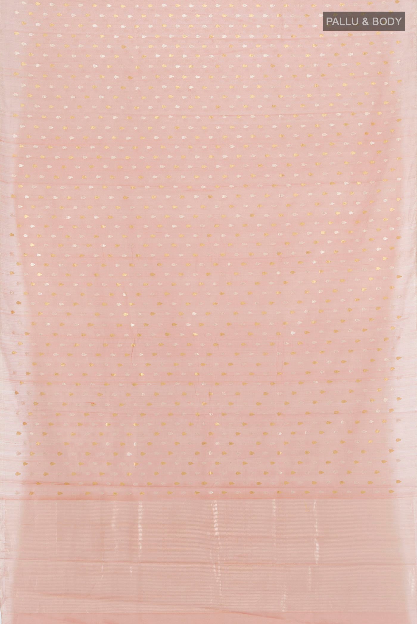 Flat view of Rose Gold Tussar Silk Saree with Zari Butta on the body and Zari Border. 